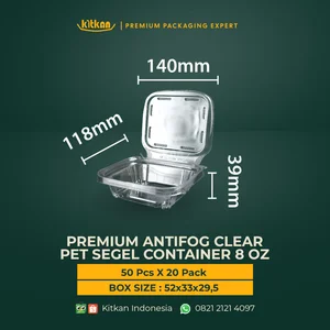 PREMIUM ANTIFOG PET CONTAINER SEGEL RECTANGLE 8 OZ - KITKAN - 118 MM X 140 MM X 39 MM