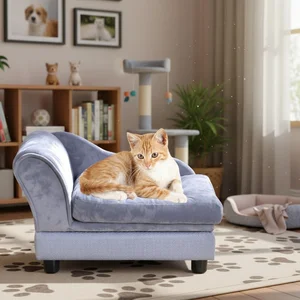 Pet Sofa Bed Mewah Tempat Tidur Hewan Peliharaan Bahan Velvet & Foam Warna Abu-abu Muda Cocok untuk Anjing & Hewan Kecil Desain Mewah & Modern Sarung Dapat Dilepas dan Mudah Dicuci