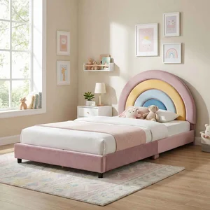 Tempat Tidur Lucu untuk Kasur Anak Upholstered Beludru Velvet Model Pelangi dengan LED strip