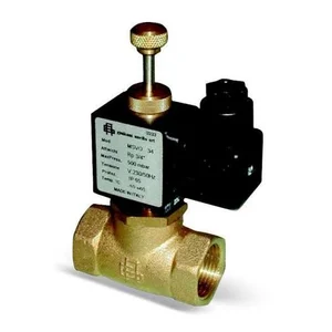Solenoid Valve 2-Way Normally Closed (NC) untuk mengontrol aliran fluida secara otomatis. Terlihat memiliki manual override (tombol di atas) dan coil 230 VAC