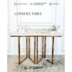 Meja Konsul Double V Stainless Rosegold Top Marmer Carrara 140x40x85 Meja Marmer WA: 082337158755 - Mr Furniture