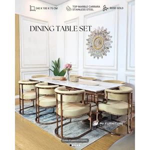Set meja makan kotak model cincin stainless rosegold top marmer putih carrara uk 240x100x75 cm & 8 pc kursi WA: 082337158755 - Mr Furniture