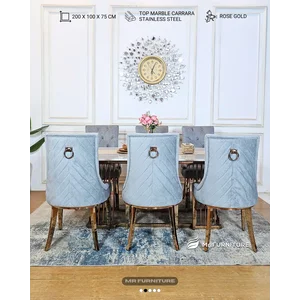 Set meja makan stainless rosegold top marmer carrara uk 200x100x75 cm 6 pcs kursi kancing - WA 082337158755 - Mr Furniture