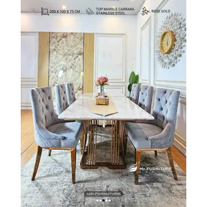 Set meja makan stainless rosegold top marmer carrara uk 200x100x75 cm 6 pcs kursi kancing - WA 082337158755 - Mr Furniture