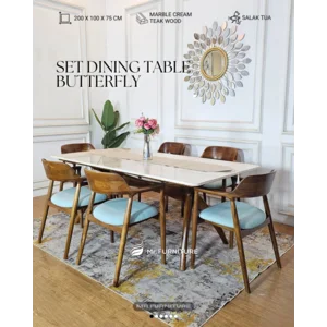 Set meja makan butterfly kayu top marmer krem 200x100x75 cm kursi 6pc rpn - WA : 082337158755 MR Furnitur
