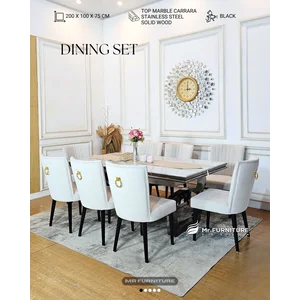 Set meja makan chain stainless hitam top marmer carrara uk 200x100x75 cm & 8pc kursi makan - WA: 082337158755 - Mr. Furniture Design