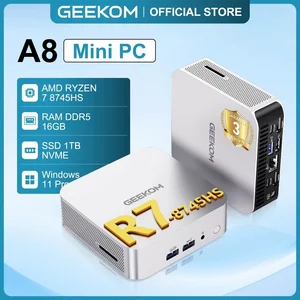 GEEKOM A8 Mini PC AMD Ryzen 7 8745HS 16GB DDR5 RAM Upgradable 1TB NVMe SSD Windows 11 Pro WiFi 6E 8K