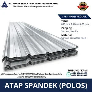 Atap Spandek Polos Galvanis Tebal 0,25–0,35 mm Panjang 3–6 Meter