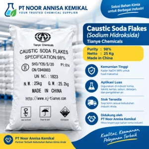 Caustic Soda Flakes Tianye 98% – Natrium Hidroksida (NaOH) Soda Api Kemasan 25 Kg
