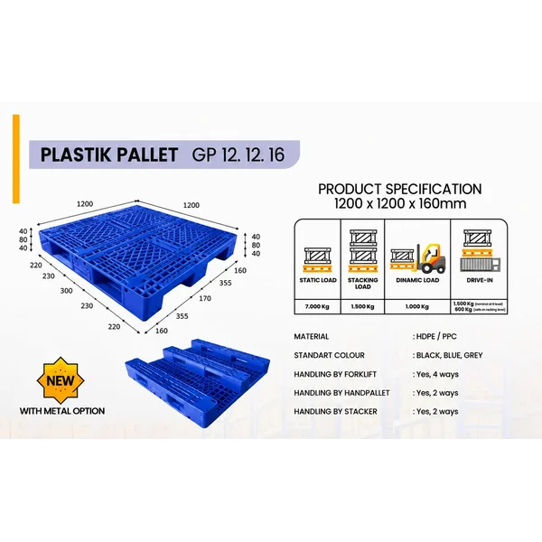 Pallet Plastik Biru 1200 x 1200 x 160 mm Tipe GP 12.12.16