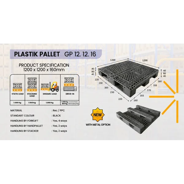 Tipe GP 12.12.16 Pallet Plastik Hitam untuk Forklift 4 Arah