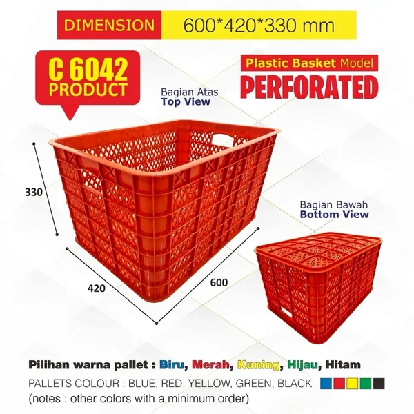 Red Perforated Plastic Basket C 6042 Dimensions 600 x 420 x 330 mm