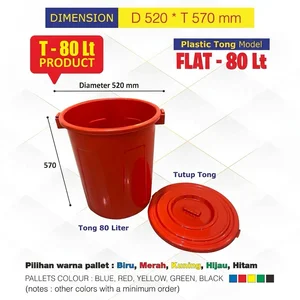 T-80 Merah Tong  Plastik Bertutup Model Flat Kapasitas 80 Liter