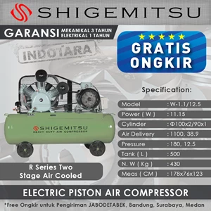 Kompresor Angin Listrik Two Stage Shigemitsu W-1.1-12.5 Tank 500L