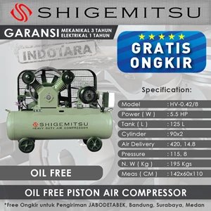 Kompresor Angin Oil Free Shigemitsu HV-0.42-8 Tank 125L 5.5HP