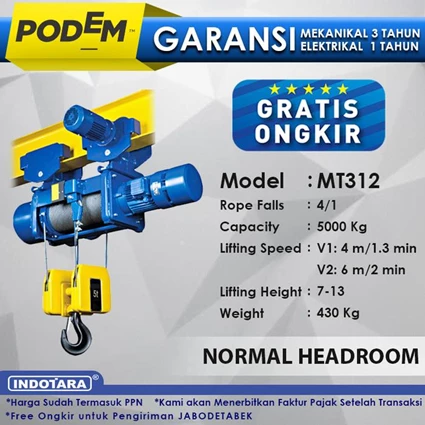From Electric Wire Rope Hoist Podem Normal Headroom MT312 (4 Rope Falls) 0