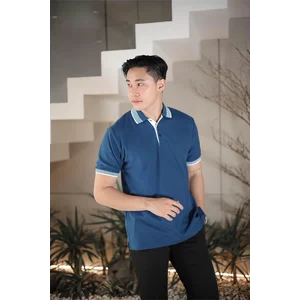 Kaos Polo Lengan Pendek Warna Biru Kerah Garis Putih