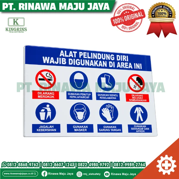 KINGRINS -  Rambu Peringatan Peraturan K3 – Alat Pelindung Diri Wajib Digunakan di Area Proyek 40X60 CM