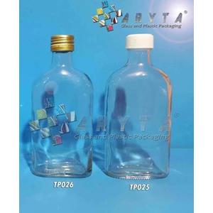 Botol kaca bening gepeng 250ml tutup putih plastik (second) (TP025)