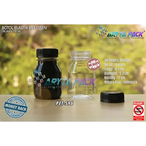 PET596. Plastic drinks bottle 100 ml black lid seal essen 
