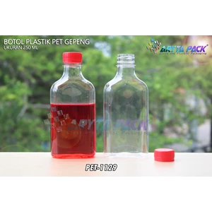 Botol plastik minuman gepeng 300ml tutup segel merah (PET1129)