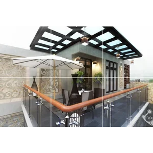 Railing Tangga Pegangan Kayu + Kaca Tempred