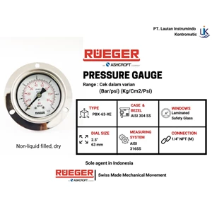 Alat Ukur Tekanan Air - Pressure Gauge Rueger (Pbx63xe) Non-Liquid (1) - -1+0 Bar/Psi
