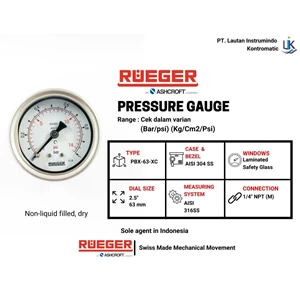 Alat Ukur Tekanan Air - Pressure Gauge Rueger (Pbx63xc) Non-Liquid (1) - -1+3 Bar/Psi