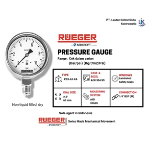 Alat Ukur Tekanan Air - Pressure Gauge Rueger (Pbx63xa) Non-Liquid (2) - -1+0 Bar/Psi
