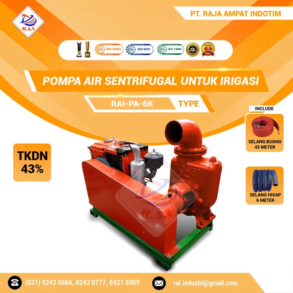 Mesin Pompa Air Sentrifugal Untuk Irigasi 6" (Indirect Couple) I RAI-PA-6K + Selang Hisap 6 Meter + Selang Buang 45 Meter