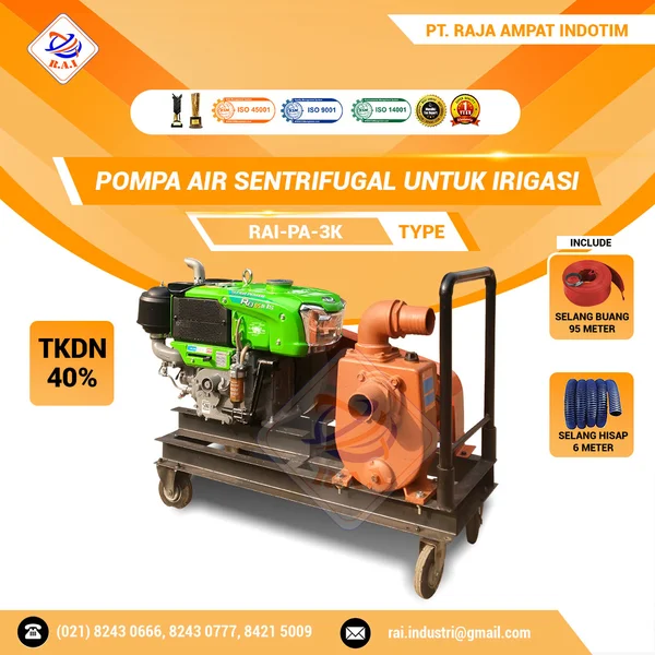 Pompa Air Sentrifugal Untuk Irigasi 3" (Indirect Couple) RAI-PA-3K + Selang Hisap 6 Meter + Selang Buang 95 Meter