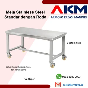 Meja Stainless Steel Standar dengan Roda Plat Stainless