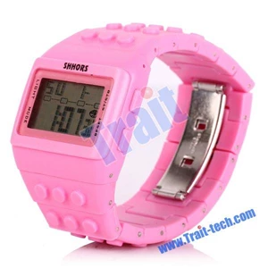 Blok Bricks Design With Led Night Light Wrist Watch Pink ( Jam Tangan )