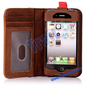 Retro Bookbook Style Genuine Cow Leather Wallet Case For Iphone 4 4S ( Aksesoris Handphone )