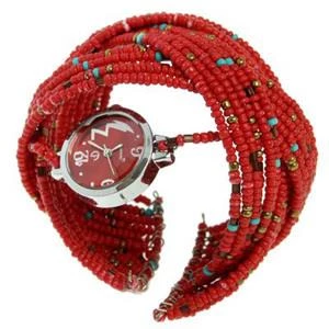 Red - Fashion Bangle Bracelet Beaded Quartz Wrist Watch ( Jam Tangan )