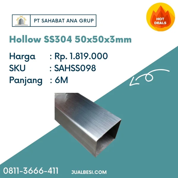 Hollow Stainless Steel 304 50x50x3mm