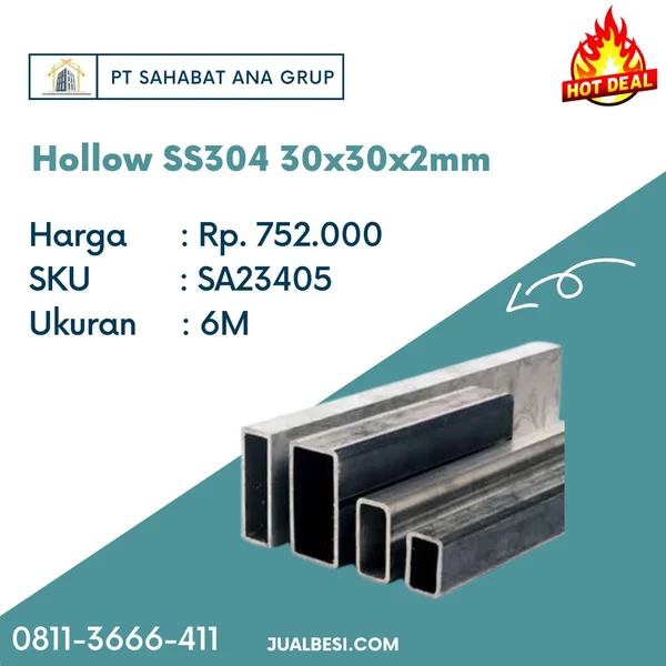 Hollow Bahan Stainless SS304 30x30x2mm