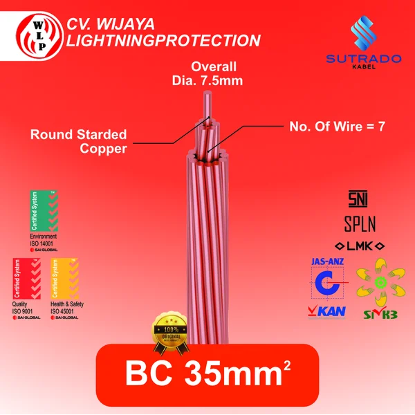Kabel BC 35mm Full Size Diameter Bare Coppper Kabel Grounding Copper Conductor Solid Copper Wire Kabel non jaket kabel tanpa kulit kabel pembumian Kabel grounding kabel listrik